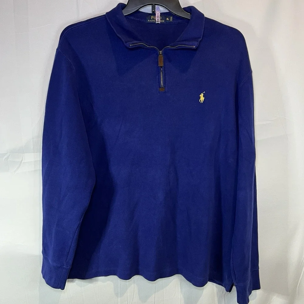 Polo Ralph Lauren‎ Estate Rib Sweater Men's XXL Yellow Pony ¼ Zip Pullover Blue